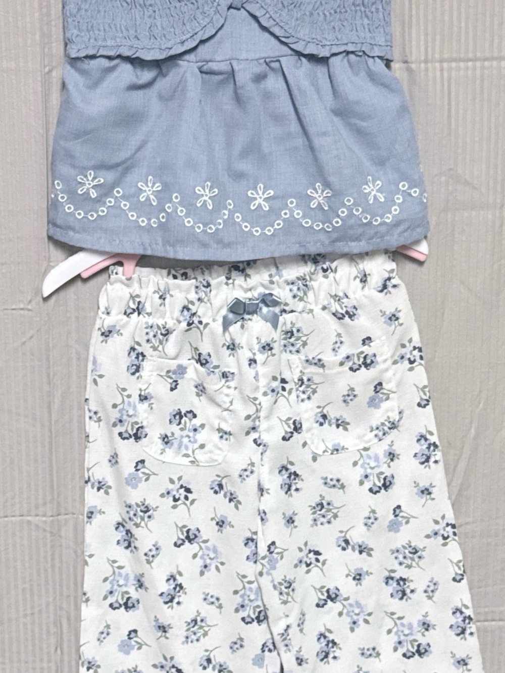 Little Lass NWOT 2T Chambray Eyelet Top Floral Wide Leg Pants Outfit Set